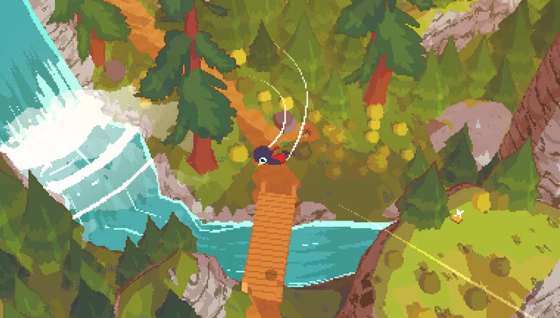 A Short Hikeでクレアが滝と橋の上を滑空するゲーム画面