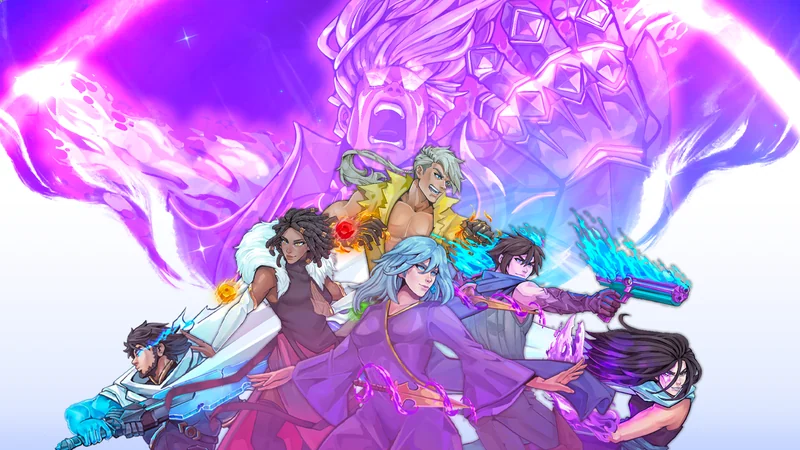 Official Astral Ascent character art: warriors in front of a purple constellation.