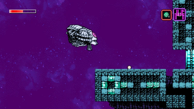 Official Axiom Verge press screenshot showing a giant head and platforms in a purple environment.