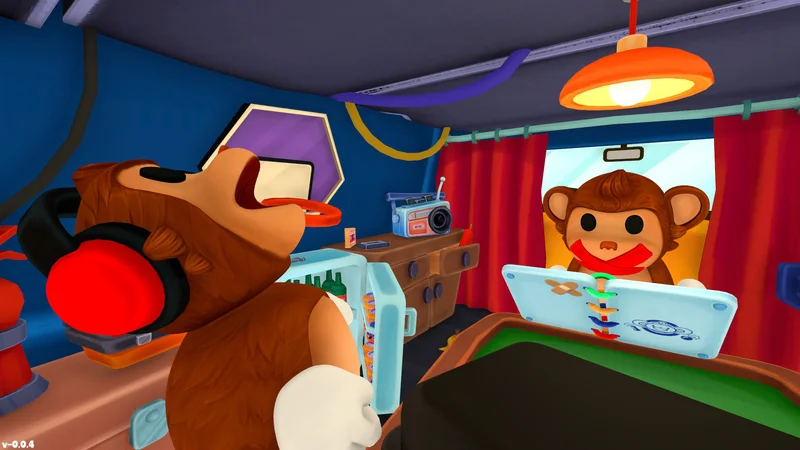Official BOMBANANA! press screenshot: monkeys opening a notebook inside a vehicle