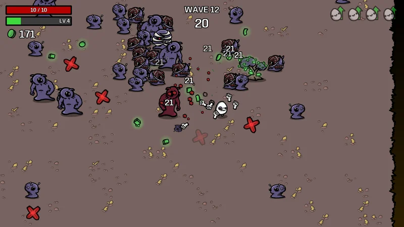 Brotato press screenshot showing a melee character surrounded by enemies in Wave 12.