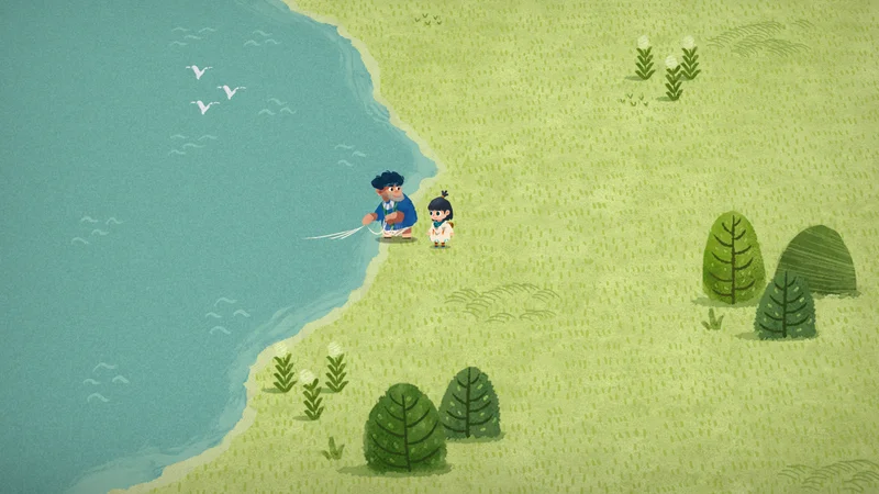 Cartoのゲーム画面。海岸で釣り人と話す主人公