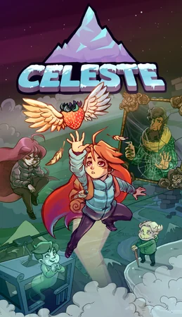 Official vertical Celeste cover art featuring Madeline, the mountain, and the game logo