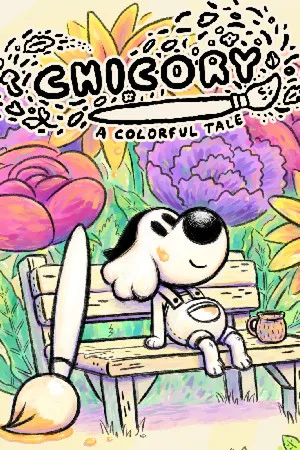 Official Chicory: A Colorful Tale cover art showing a dog holding a paintbrush, colorful plants, and the game logo
