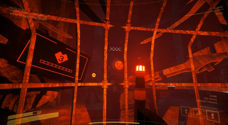 Official Content Warning screenshot showing a person holding a camera and their friends in red lighting.