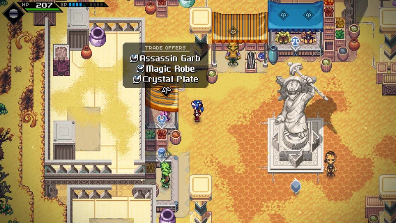 CrossCode press screenshot showing Lea at a trading post in town.