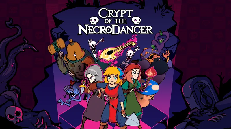 Crypt of the NecroDancer official artwork with Cadence, other adventurers and the game logo.
