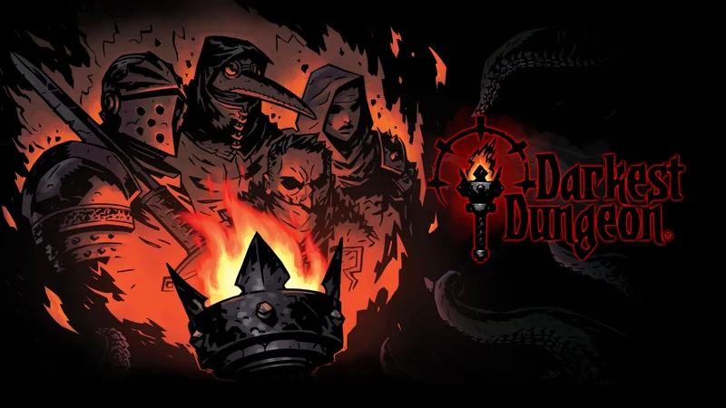 Official Darkest Dungeon artwork showing adventurers gathered around a torch and the game's logo