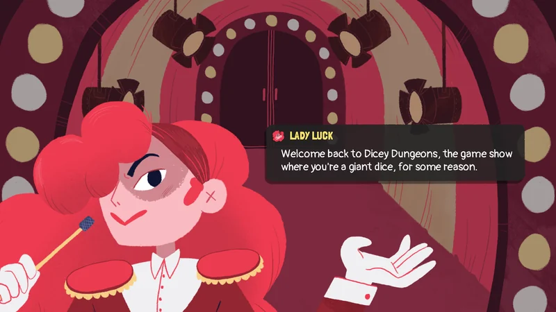 Official Dicey Dungeons press screenshot showing host Lady Luck and the show's stage