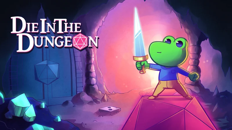 Official Die in the Dungeon artwork showing a sword-wielding frog, dice and the game logo.