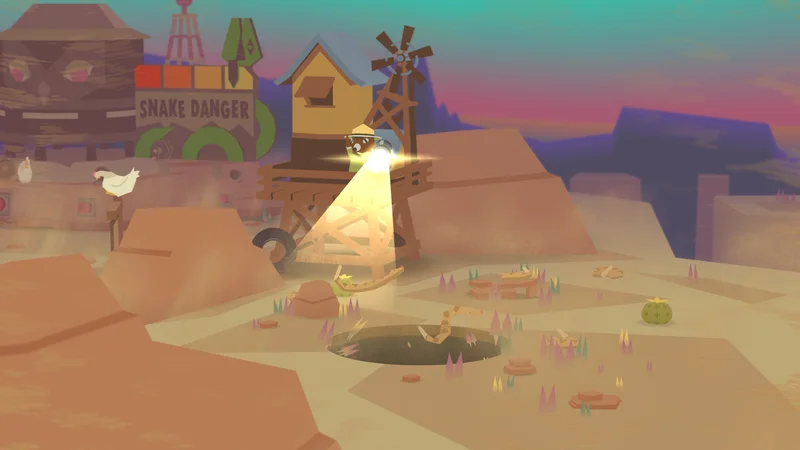 Donut Countyの公式画面。蛇のいる砂漠の施設で地面の穴を動かす場面
