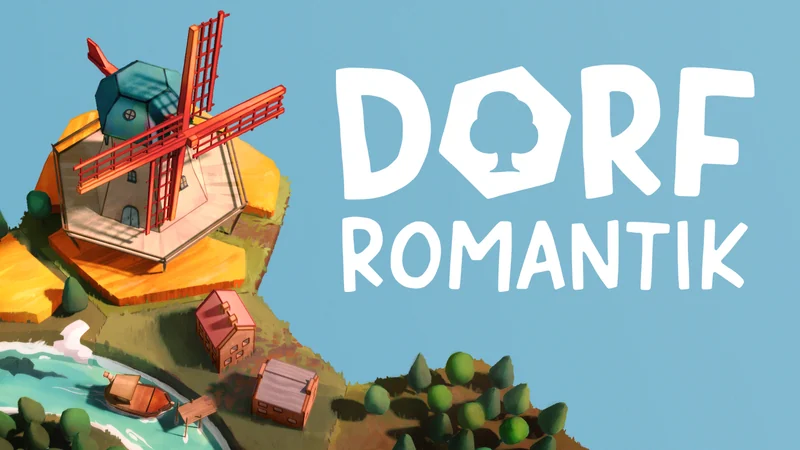 Dorfromantik official key art with a windmill on hexagonal tiles and the white game logo.