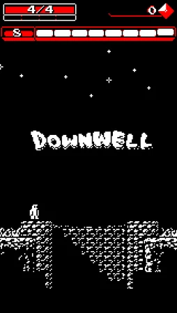 Official Downwell press screenshot showing the protagonist at the well entrance and the game title