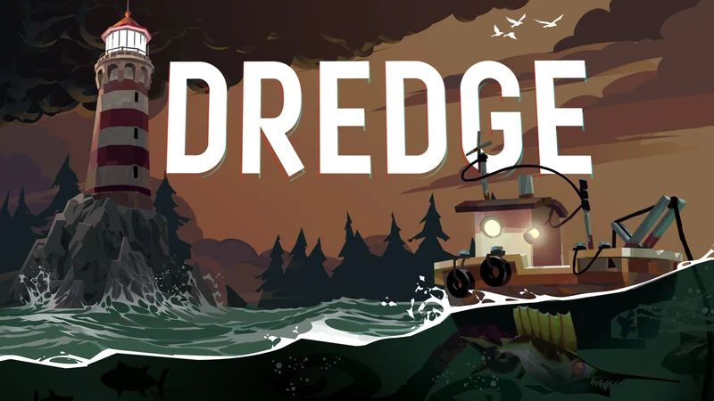 Official DREDGE key art showing a lighthouse, a fishing boat on dark waters and the game logo.