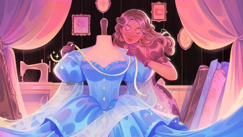 Official Dressmaker key art: a woman making a blue dress