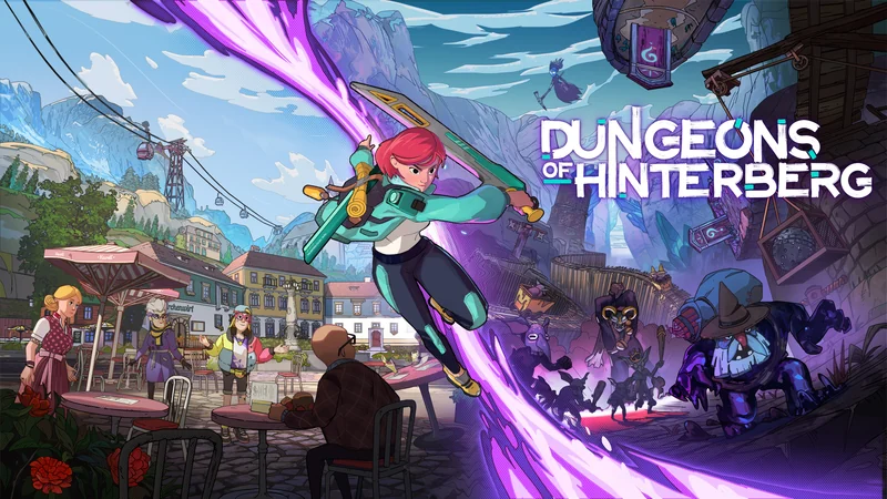 Official Dungeons of Hinterberg key art showing Luisa, the mountain town and game logo.