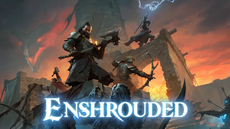 Official Enshrouded artwork showing adventurers among ruins and the game logo.