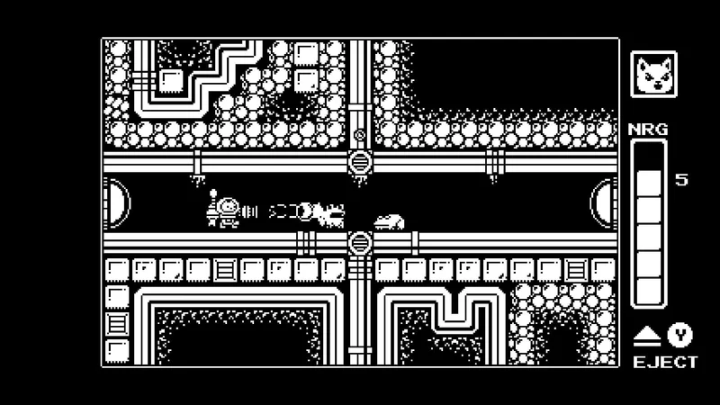 Gato Robotoのゲーム画面。メカスーツで通路の敵に射撃する猫