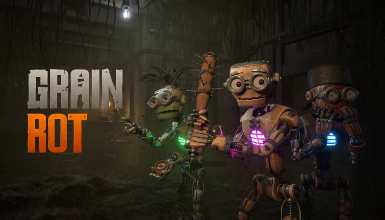 Official GRAIN ROT art: a wooden figure with a glowing heart and the game logo.