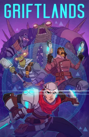 Official vertical Griftlands poster featuring Sal, Rook, Smith, and the game's logo