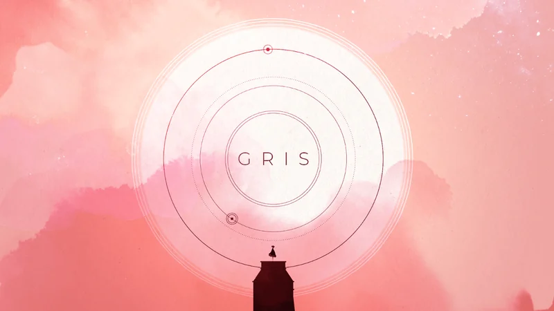 Official GRIS press image: a pale pink sky and circle, with the protagonist standing on a tower and the game title