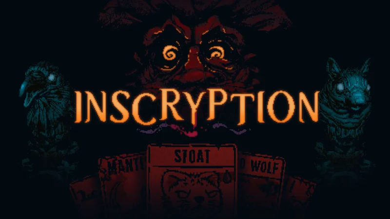 Official Inscryption key art: forest animals in the dark, the game logo and cards.