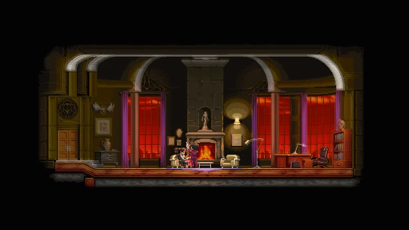 Katana ZERO official press screenshot showing the swordsman in a room with red curtains and a fireplace.