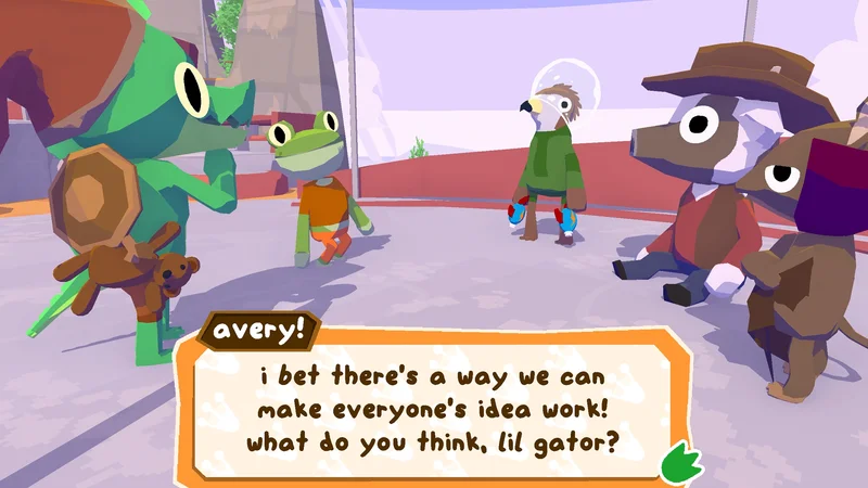 Lil Gator Gameの公式画面。Averyとワニの主人公たちが相談する会話場面