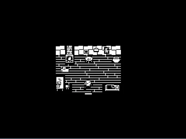 Minitの公式画面。家具のある部屋を歩く白黒の主人公