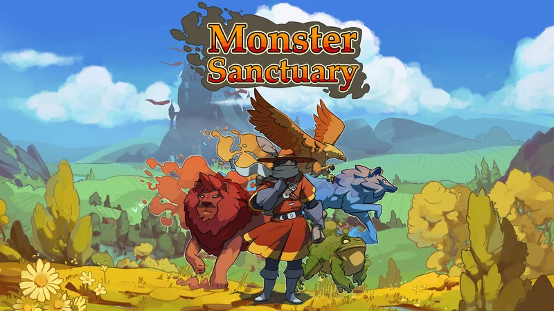 Monster Sanctuary key art with Keepers, monsters and the game logo.