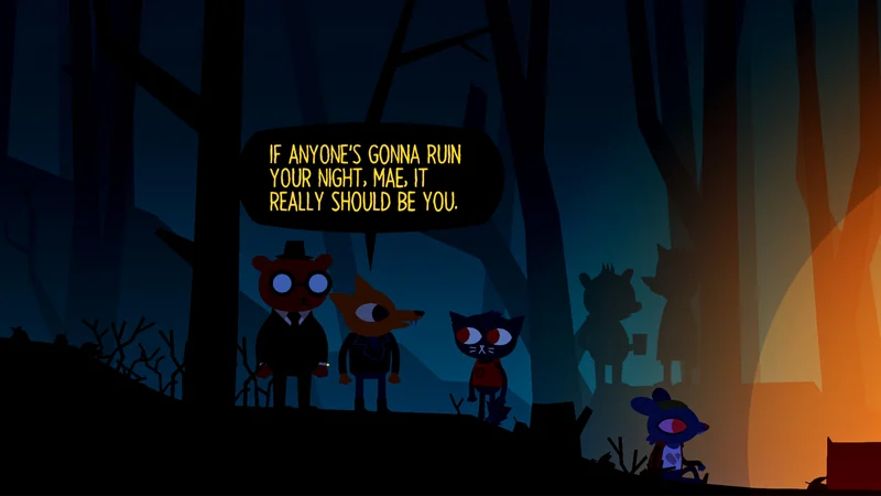 Official Night in the Woods gameplay image: Mae and her friends gathered around a campfire in the woods