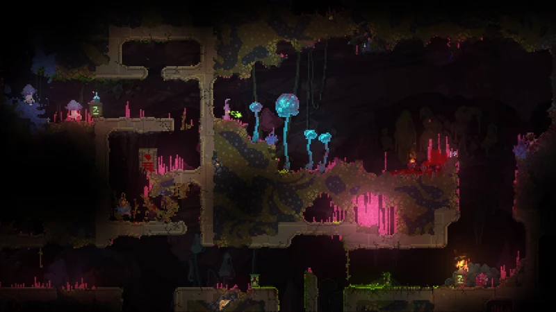 Official Noita press screenshot: a cave with blue and purple mushrooms and the wand-wielding protagonist.