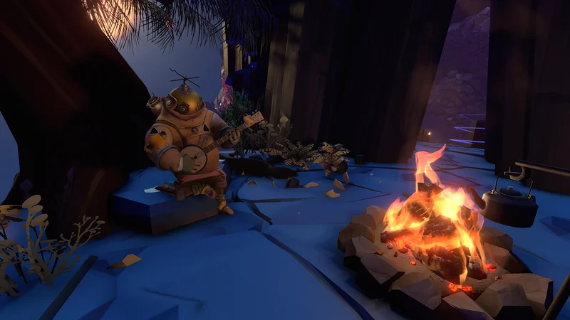 Official Outer Wilds screenshot showing an explorer playing an instrument beside a campfire.
