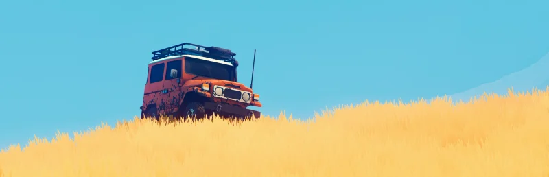 Official over the hill key art: a vehicle crossing grassland under blue skies