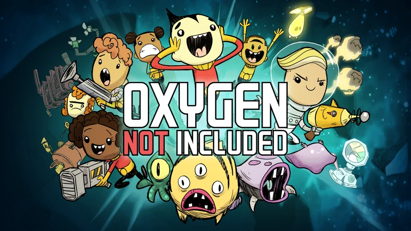 Oxygen Not Included official artwork with Duplicants, creatures and the game logo.