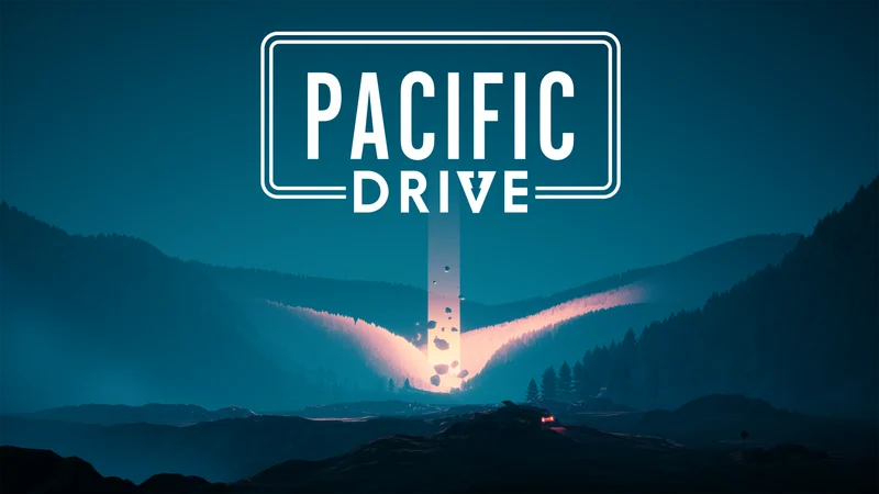 Official Pacific Drive artwork showing a blue forest, a pillar of light and the game logo.