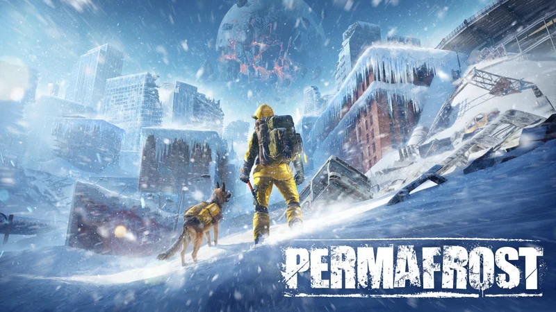 Official Permafrost key art: a snowy town, a person in yellow gear with a dog, and the game logo