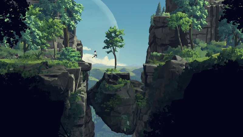 Planet of LanaでLanaとMuiが森の崖の間を跳ぶゲーム画面
