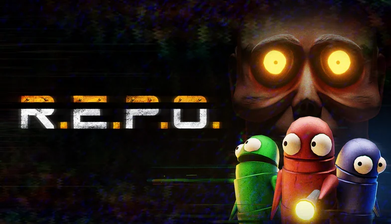 Official R.E.P.O. artwork showing robots in different colors, a monster behind them and the game logo.