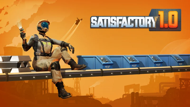 Official Satisfactory 1.0 art: factory materials, a suited figure and the game logo.