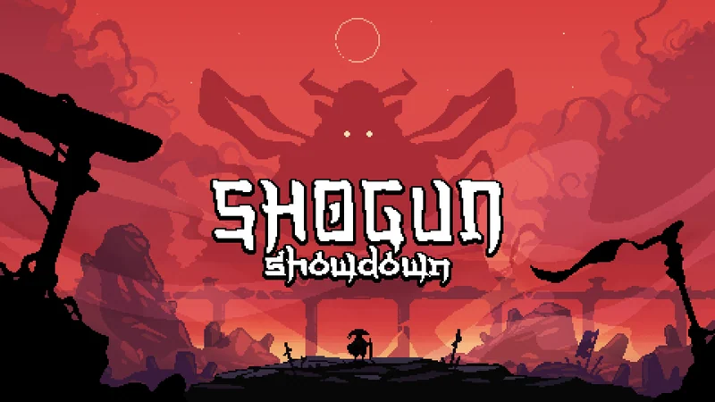 Official Shogun Showdown art with a red background, a warrior's silhouette, and the game logo