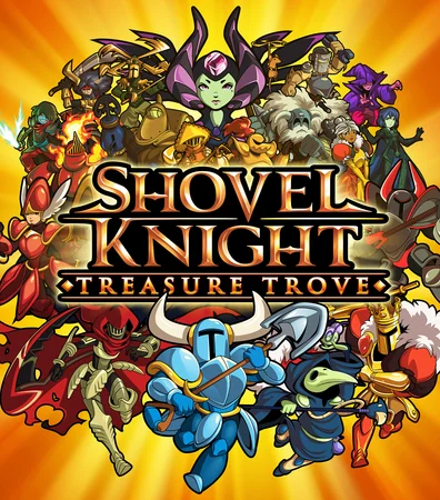 Official vertical Shovel Knight: Treasure Trove artwork with knights and the game logo.
