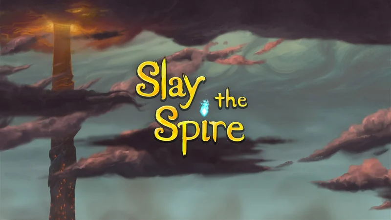 Slay the Spireの公式アート。雲に囲まれた塔と初代作品のロゴ