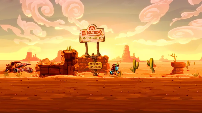 SteamWorld Dig 2の公式画面。町へ向かう道で砂漠を歩くドロシー