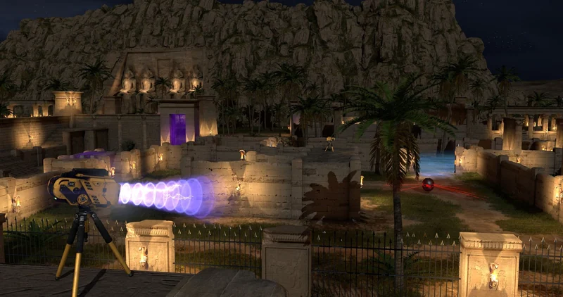 Official press screenshot from the original The Talos Principle: ruins at night and a device emitting a beam