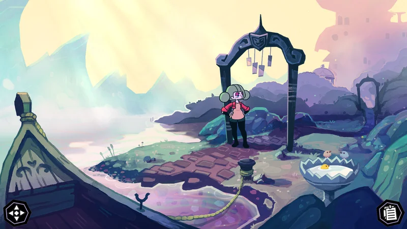 Tangle Towerの公式画面。湖のほとりに立つ人物と建物へ向かう門