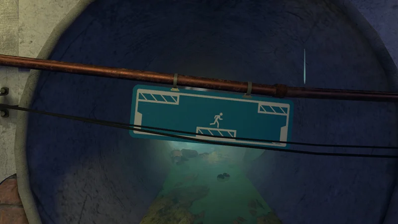The Pedestrianで下水の管に付いた看板の中を標識の人が進むゲーム画面