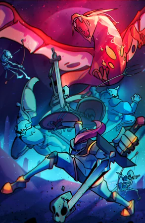 Official vertical Tiny Rogues illustration: adventurers and a giant red enemy