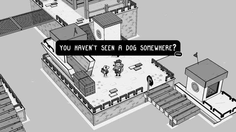 TOEMのゲーム画面。港で犬を探す人物と会話する主人公