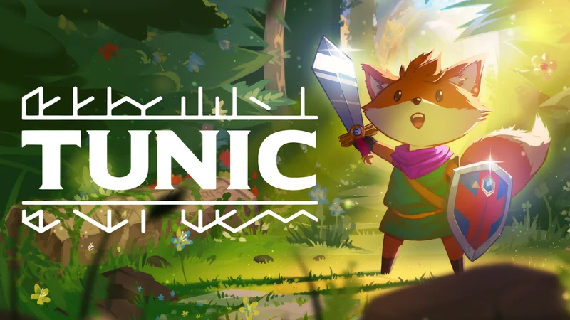 Official TUNIC key art: fox with sword and shield, forest and game logo